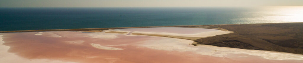 Luchtfoto van een roze zoutvlakte aan een donkerblauwe zee